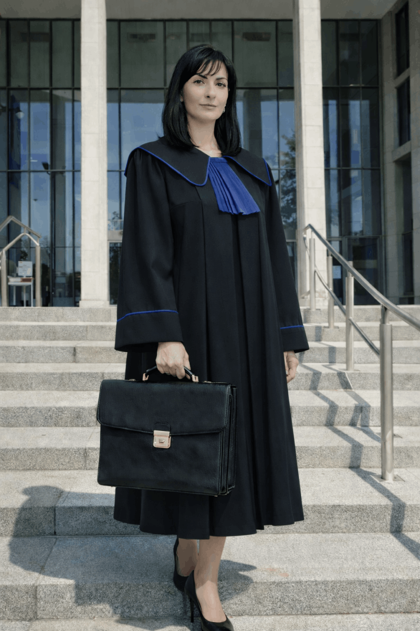 Dominika in front of a courthouse